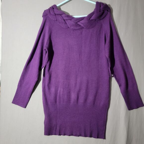 Venus Purple Tunic Sweater Dress Size Large Braided Neck Winterwear Work Chic - Picture 2 of 10